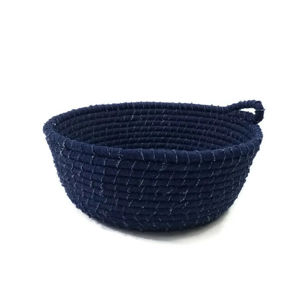 Handmade Upcycled Denim Coiled Rope Bowl Dark Wash Storage Basket Medium